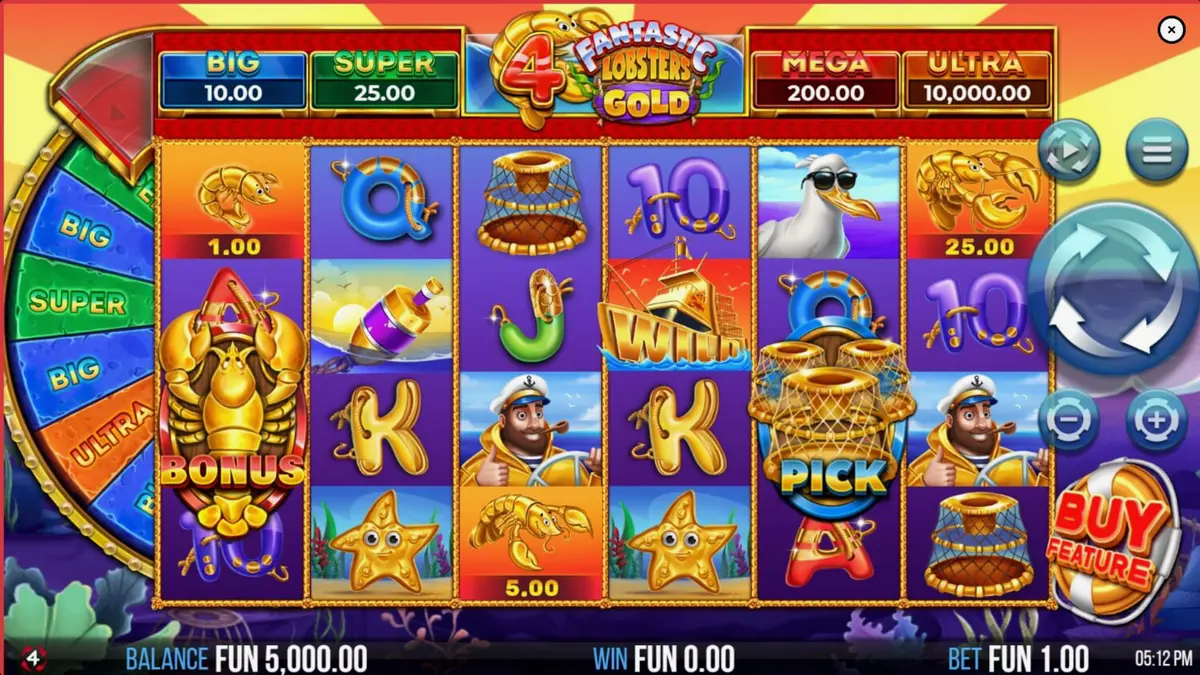 Interface vibrante e subaquática do slot 4 Fantastic Lobsters Gold com lagostas douradas