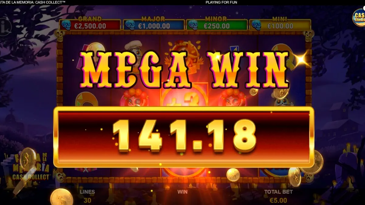 Captura de tela do slot Fiesta de la Memoria Cash Collect com símbolos neon e tema do Dia dos Mortos.