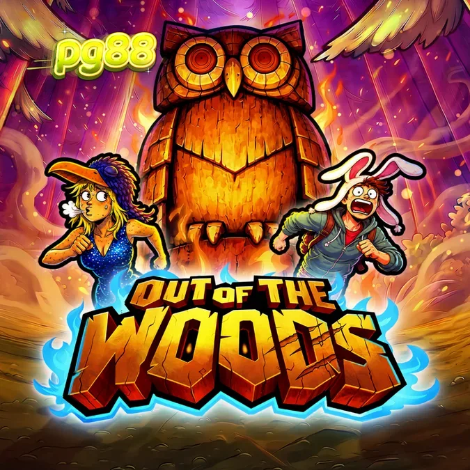 Captura de tela do jogo de slot Out Of The Woods, mostrando a grade 5x4 com símbolos temáticos de floresta escura e wilds empilhados.